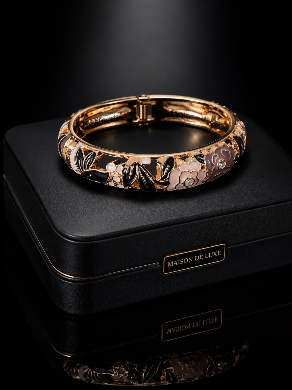 Rose Gold Floral Enamel Bangle Bracelet - Pink & Black